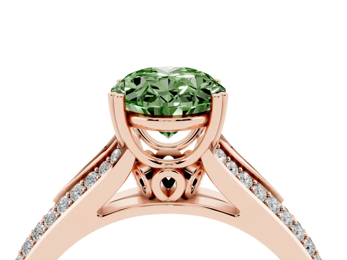 Fancy Green Oval Cut Diamond Split Shank Engagement Ring with Pavé Band Rose gold