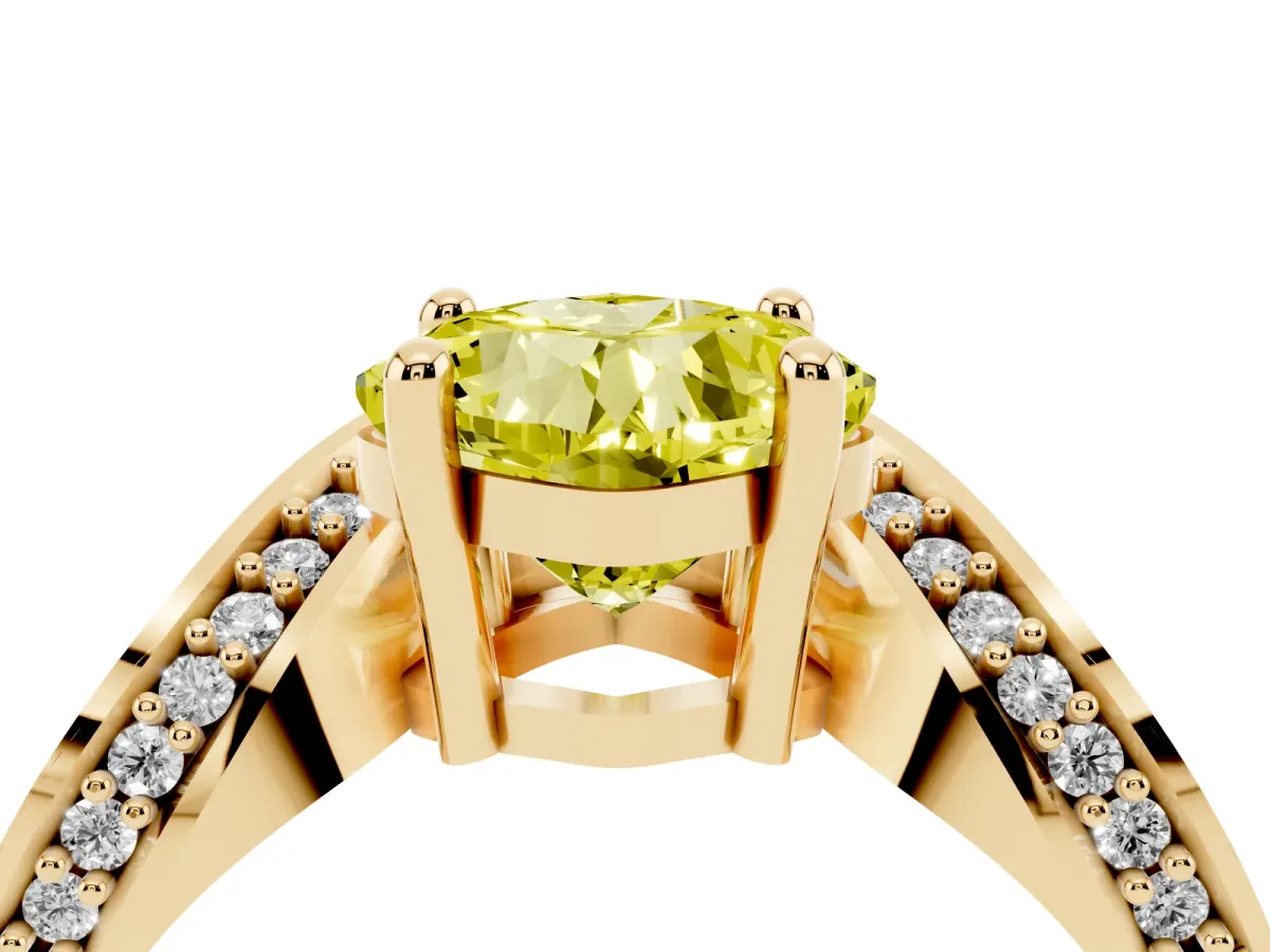 Fancy Yellow Cushion Cut Solitaire Diamond Engagement Ring with Pave Band and Four-Prong Setting Yellow gold