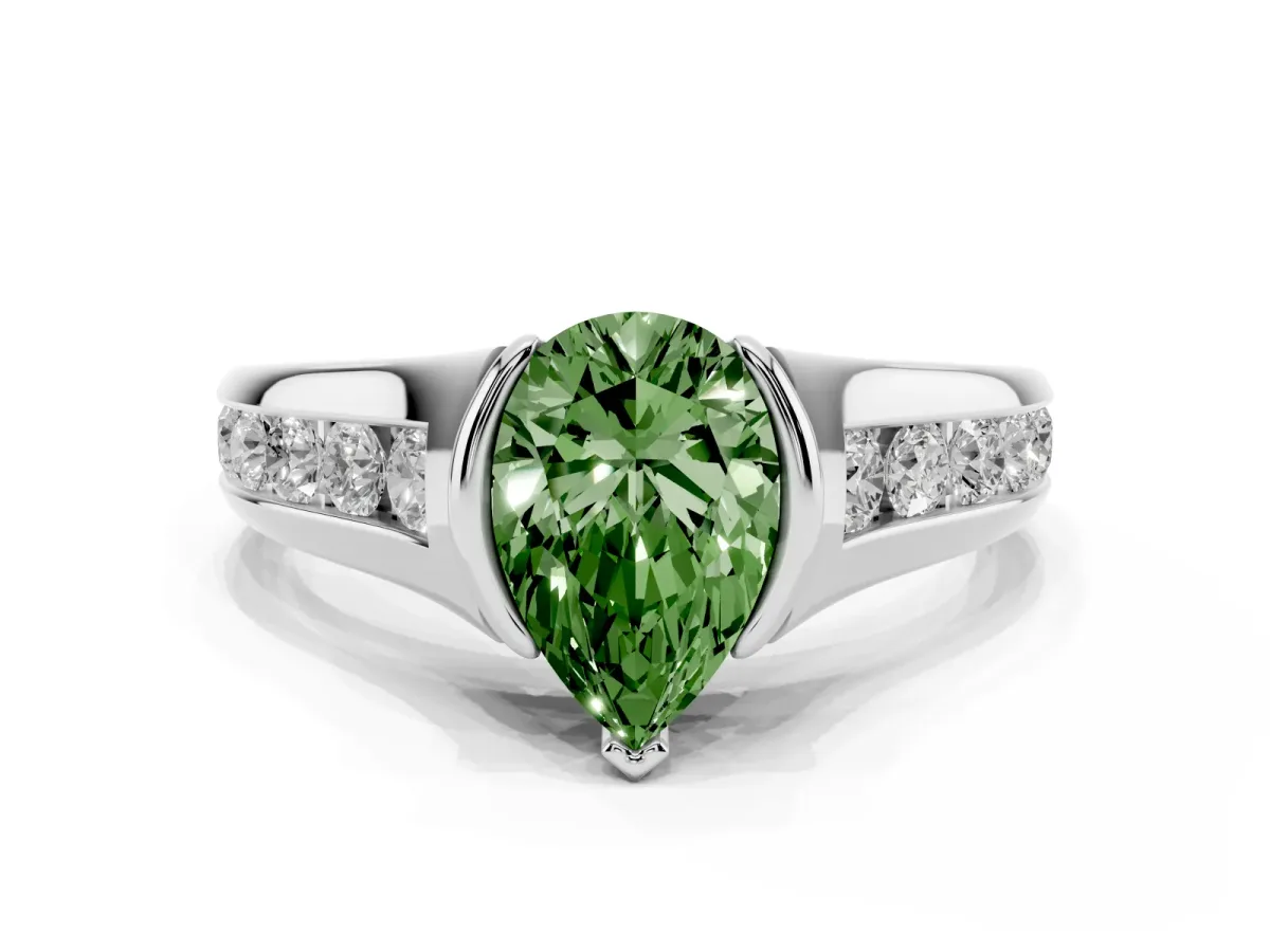 Fancy Green Pear Cut Solitaire Bezel-Set Diamond Ring with Channel-Set Band Silver