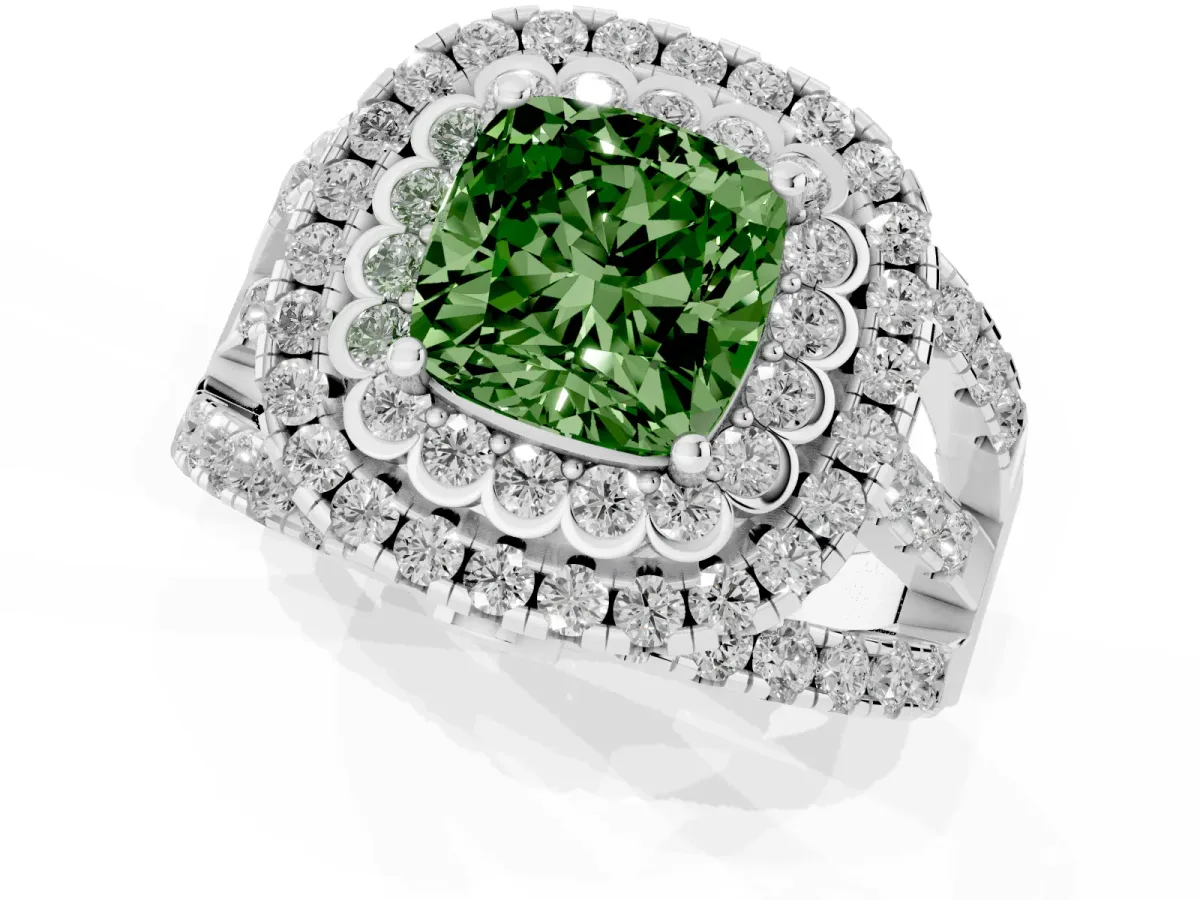 Fancy Green Cushion Cut Diamond Double Halo Ring with Round Pavé Split Shank and Prong Setting Silver