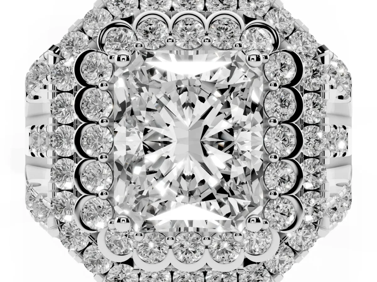 Radiant Cut Diamond Double Halo Ring with Round Pavé Split Shank and Prong Setting Silver