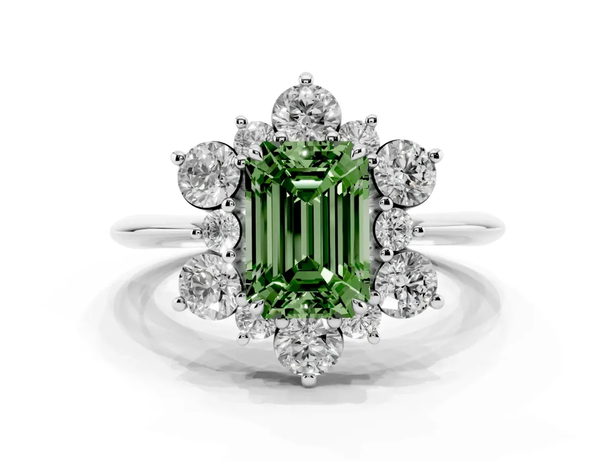 Fancy Green Emerald Cut Diamond Cluster Halo Ring with Solitaire Band and Four-Prong Setting Silver