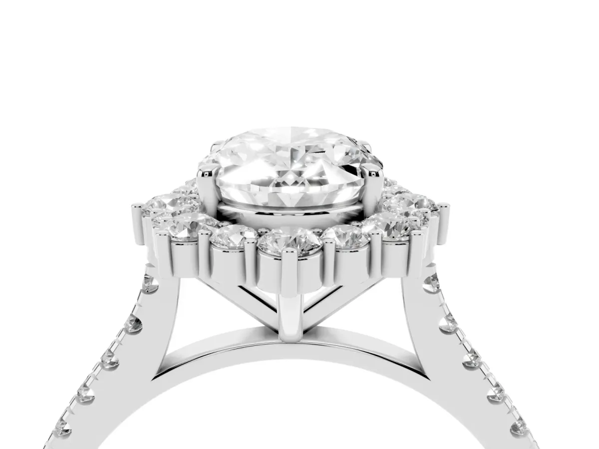Oval Cut Halo Diamond Ring with Pavé Band and Prong Setting Silver
