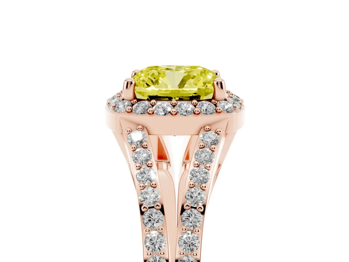 Fancy Yellow Cushion Cut Halo Split Shank Pave Diamond Ring with Four-Prong Setting Rose gold