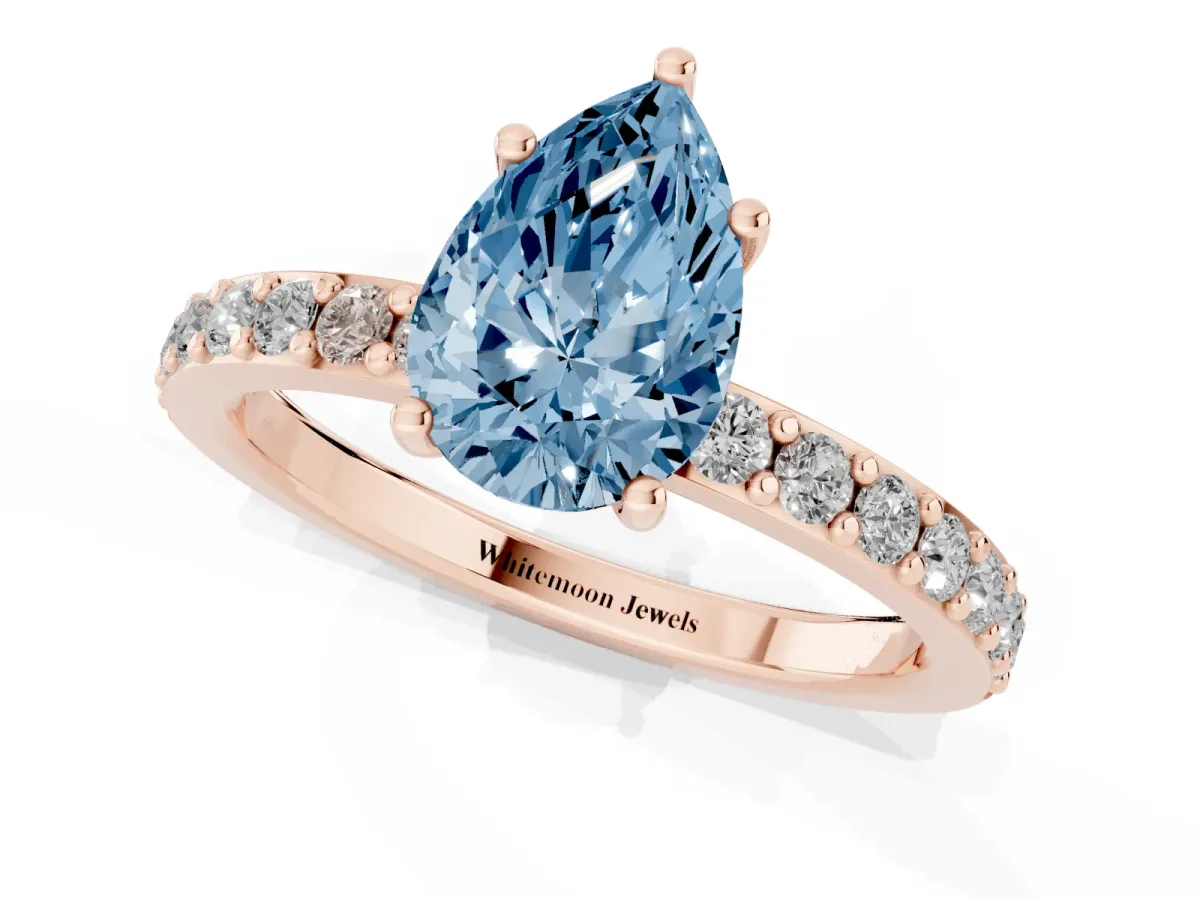 Fancy Blue Pear Cut Cut Diamond Solitaire with Pave Band and Four-Prong Setting Rose gold