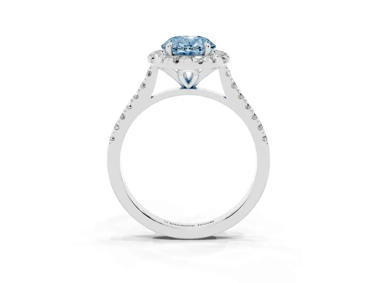Fancy Blue Oval Cut Diamond Cushion Halo Ring with Pavé Band Silver
