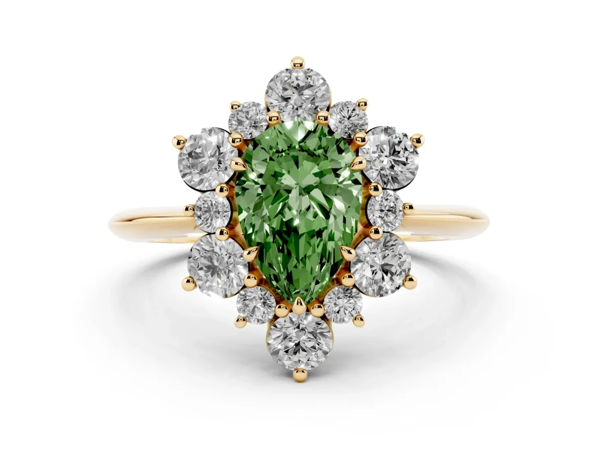Fancy Green Pear Cut Diamond Cluster Halo Ring with Solitaire Band and Four-Prong Setting Yellow gold