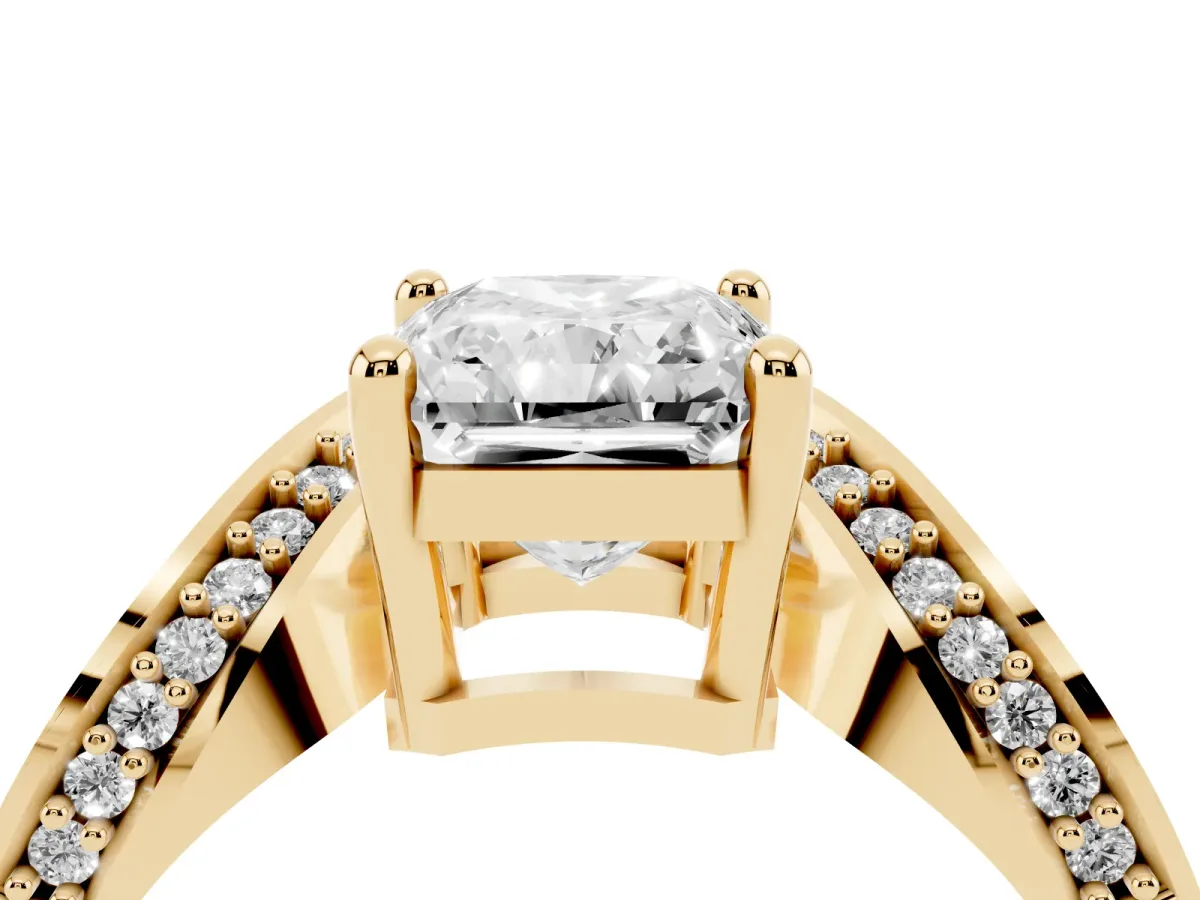 Radiant Cut Solitaire Diamond Engagement Ring with Pave Band and Four-Prong Setting Yellow gold