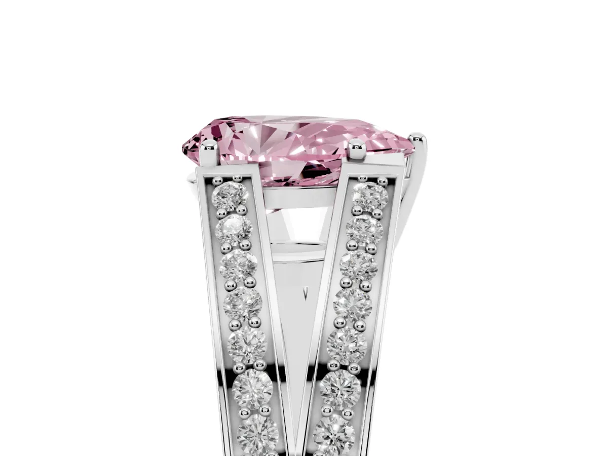 Fancy Pink Pear Cut Diamond Split Shank Ring with Pavé Band and Four-Prong Setting White gold