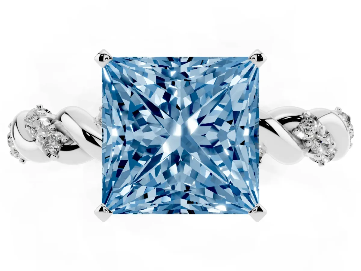 Fancy Blue Princess Cut Diamond Solitaire Ring with Twisted Band and Pavé Accents Silver