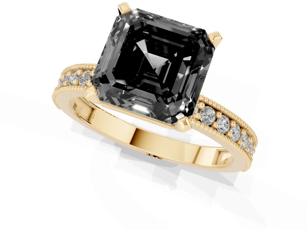 Fancy Black Asscher Cut Diamond Milgrain Pavé Engagement Ring with Four-Prong Setting Yellow gold
