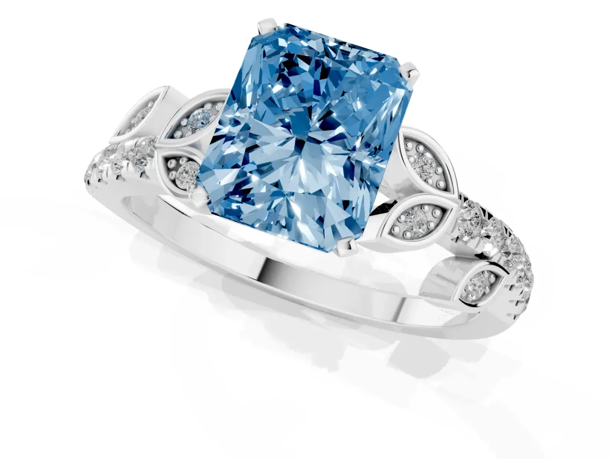 Fancy Blue Radiant Cut Solitaire Leaf-Inspired Diamond Ring with Pavé Band and Four-Prong Setting Silver