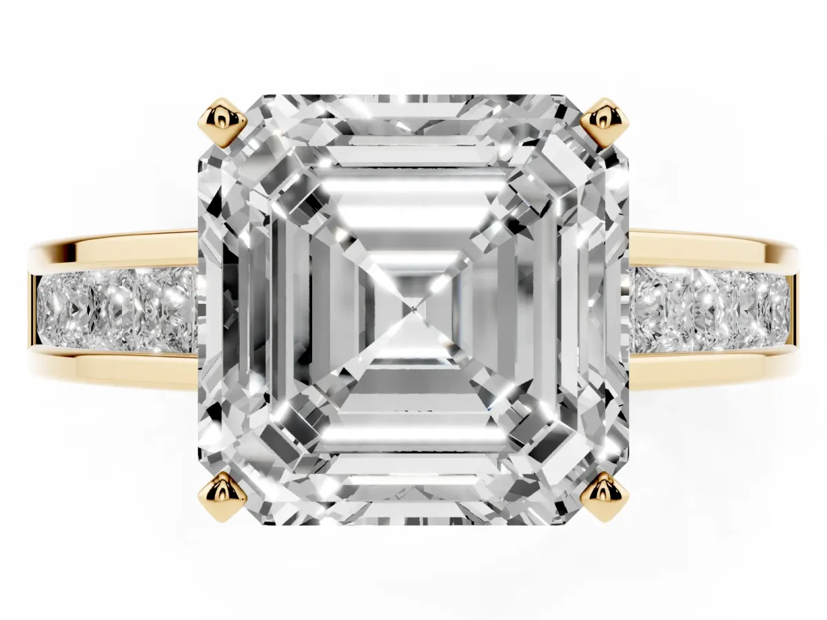 Asscher Cut Solitaire Diamond Ring with Channel-Set Band and Four-Prong Setting Yellow gold