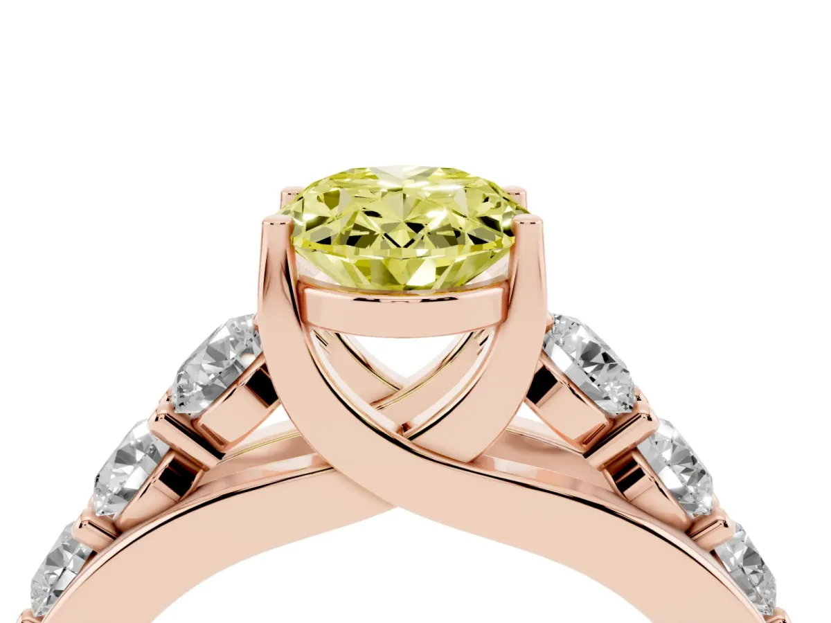 Fancy Yellow Oval Cut Diamond Engagement Ring with Pavé Band and Four-Prong Setting Rose gold