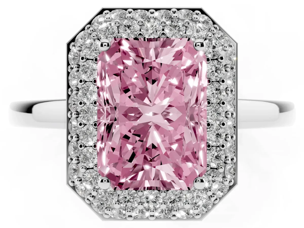 Fancy Pink Radiant Cut Halo Diamond Engagement Ring with Solitaire Band and Four-Prong Setting Silver