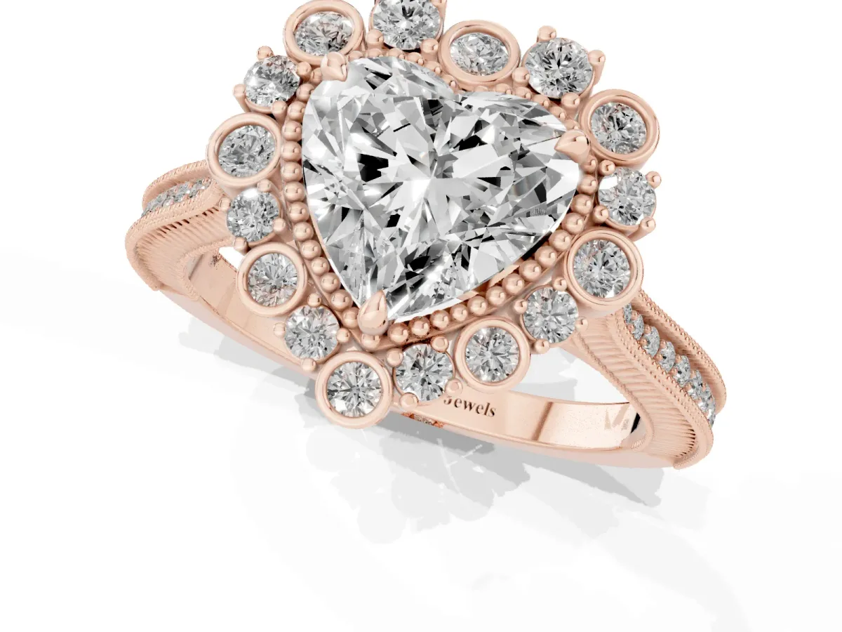 Heart Cut Halo Milgrain Pave Diamond Ring with Four-Prong Setting Rose gold