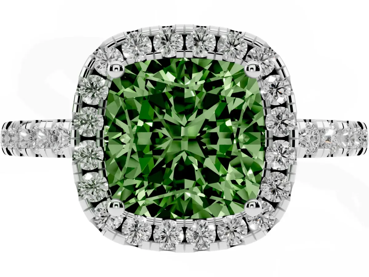 Fancy Green Cushion Cut Halo Diamond Engagement Ring with Pavé Band and Four-Prong Setting Platinum