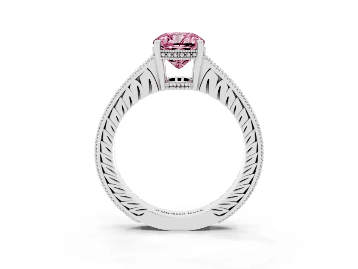 Fancy Pink Cushion Cut Solitaire Pavé Diamond Milgrain Engagement Ring with Four-Prong Setting Silver