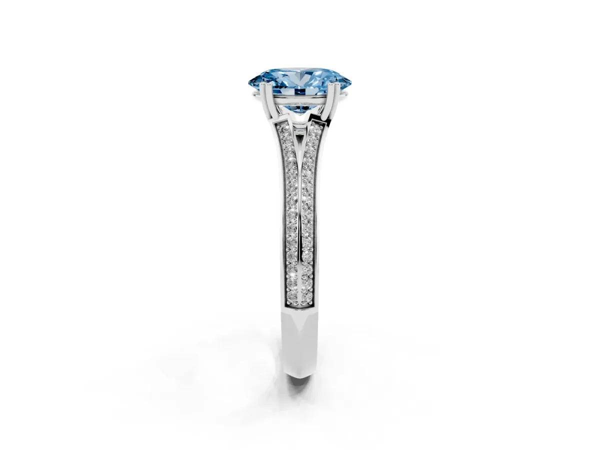 Fancy Blue Oval Cut Diamond Split Shank Engagement Ring with Pavé Band White gold