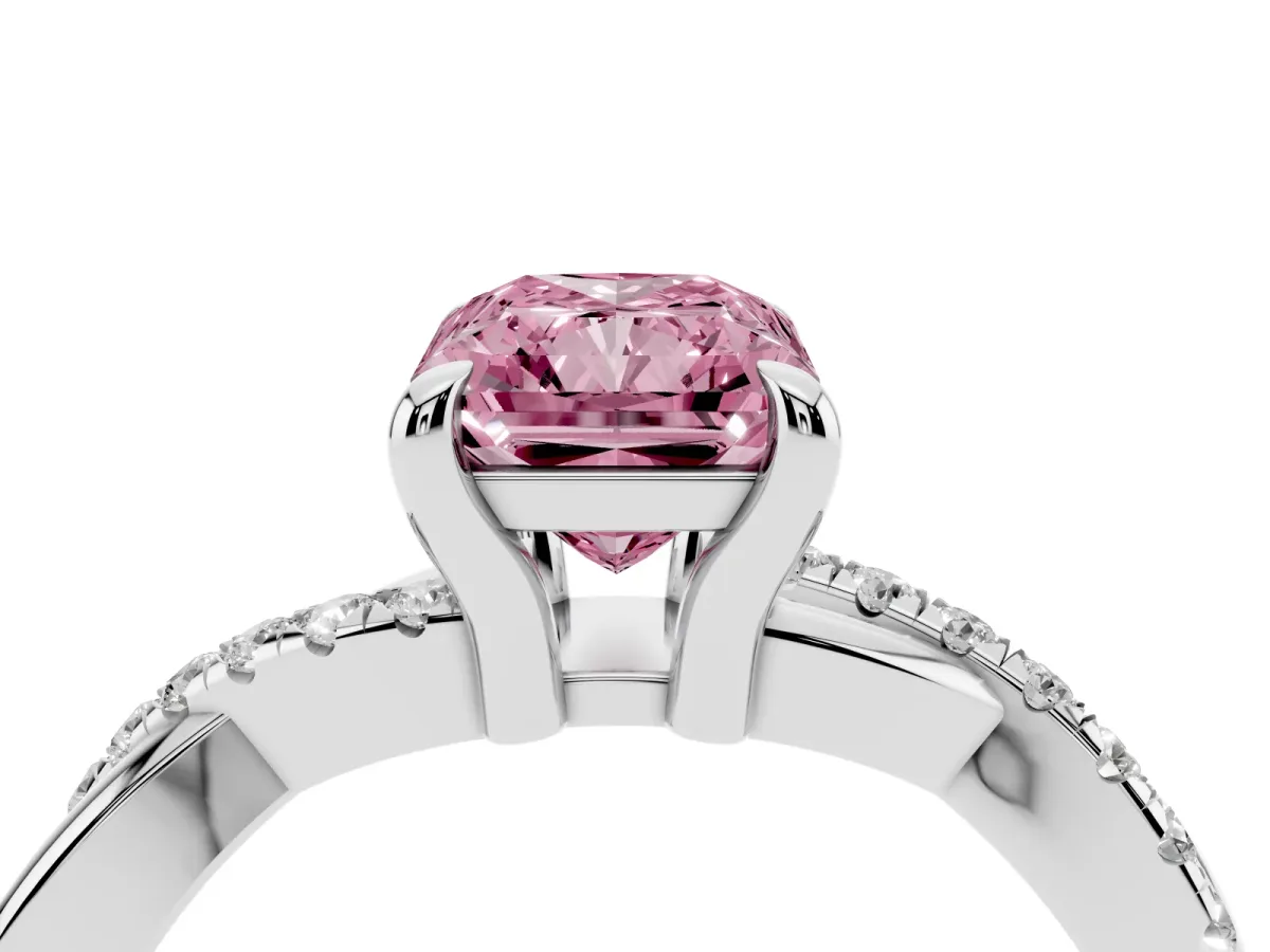 Fancy Pink Radiant Cut Cut Diamond Twist Band Solitaire with Prong Setting Silver