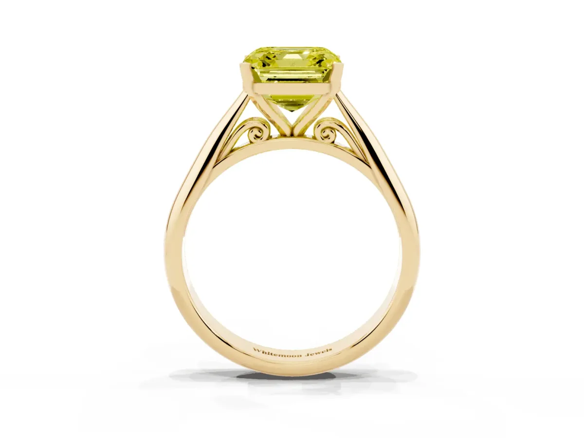 Fancy Yellow Asscher Cut Diamond Solitaire Engagement Ring with Cathedral Setting and Four-Prong Mount Yellow gold