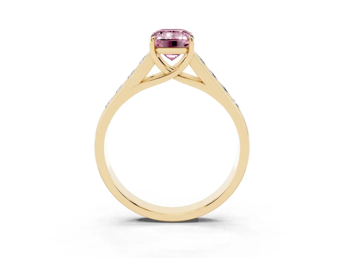 Fancy Pink Emerald Cut Brilliant Channel-Set Solitaire Ring with Four-Prong Setting Yellow gold