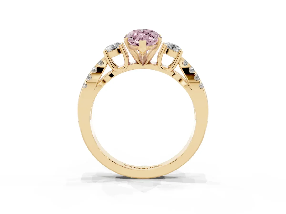 Fancy Pink Marquise Cut Diamond Three-Stone Ring with Pavé Split Shank and Four-Prong Setting Yellow gold