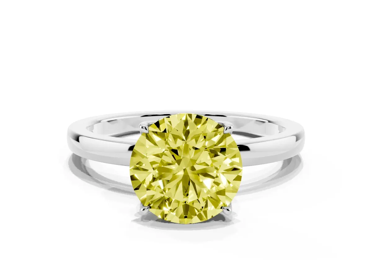 Fancy Yellow Round Cut Diamond Solitaire Ring with Thin Band and Prong Setting Silver