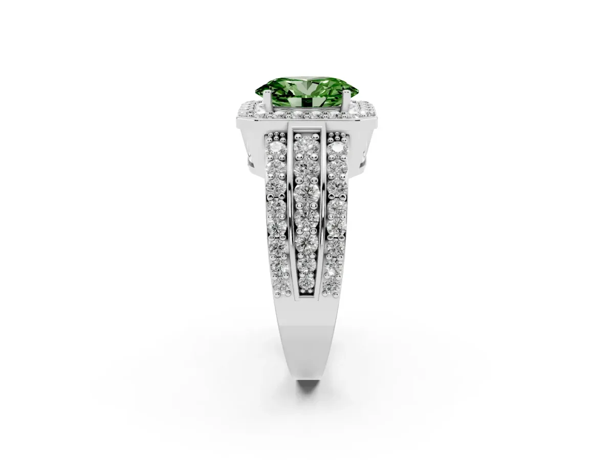 Fancy Green Oval Cut Halo Diamond Ring with Round Split Shank and Prong Setting Silver