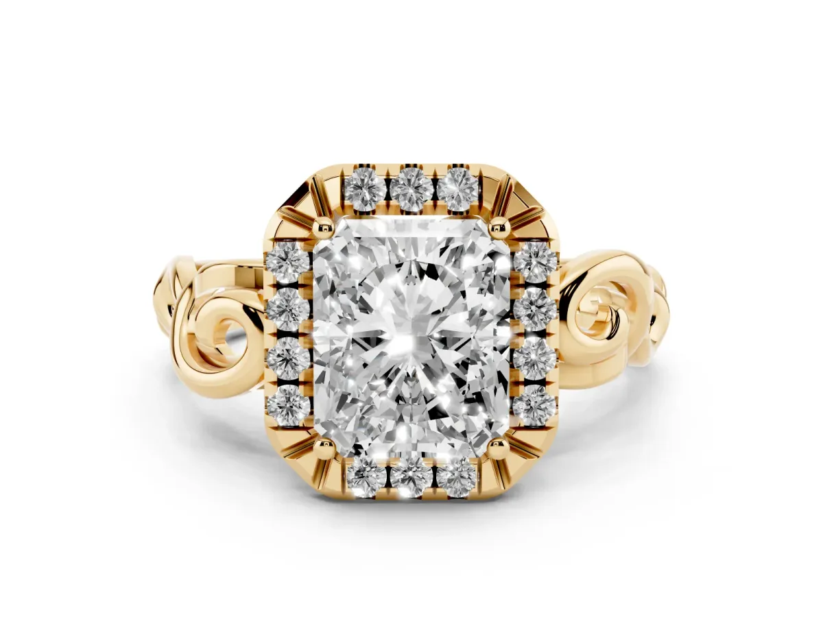 Radiant Cut Cut Halo Diamond Ring with Scrollwork Band and Four-Prong Setting Yellow gold