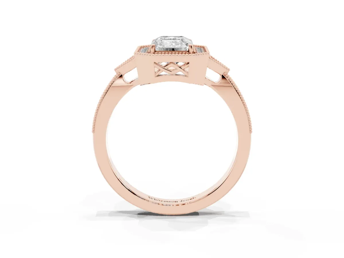 Emerald Cut Halo Round Diamond Milgrain Pave Engagement Ring Rose gold