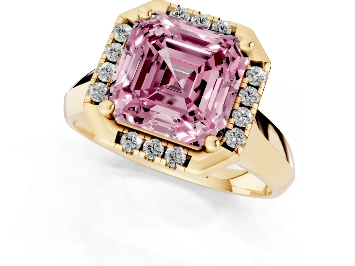 Fancy Pink Asscher Cut Cut Halo Solitaire Engagement Ring with Square Band and Four-Prong Setting Yellow gold