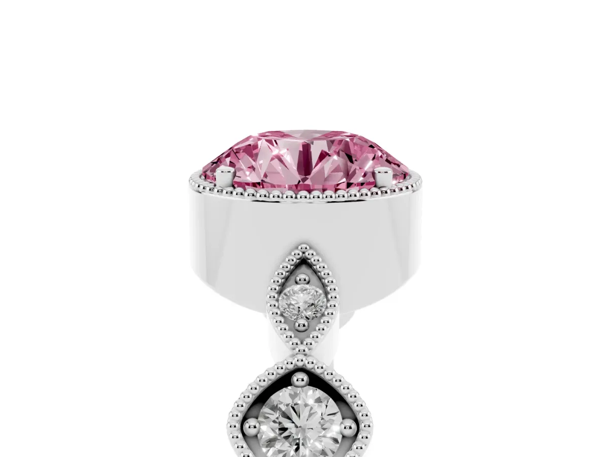 Fancy Pink Round Cut Diamond Vintage Milgrain Ring with Round Stations Silver
