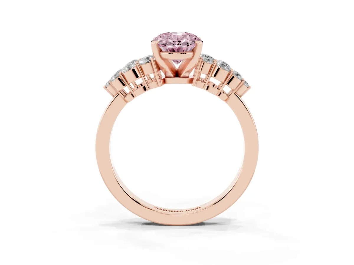 Fancy Pink Oval Cut Cluster Diamond Engagement Ring with Pavé Band and Four-Prong Setting Rose gold