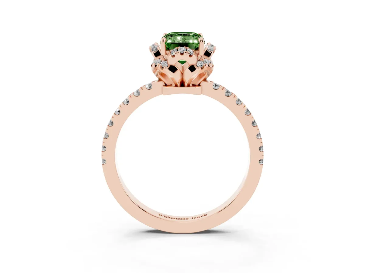 Fancy Green Emerald Cut Diamond Halo Pave Band with Four-Prong Setting Rose gold