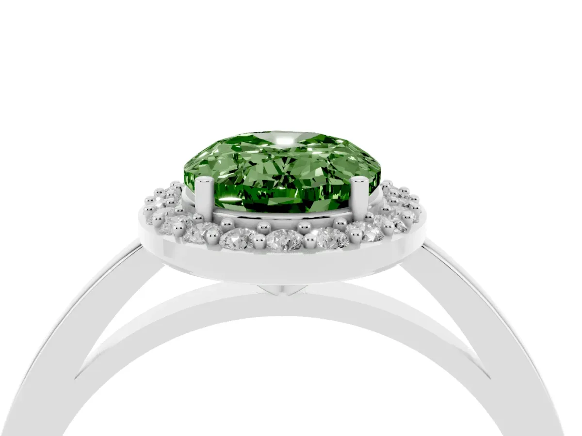 Fancy Green Oval Cut Halo Diamond Ring with Solitaire Band and Prong Setting Silver