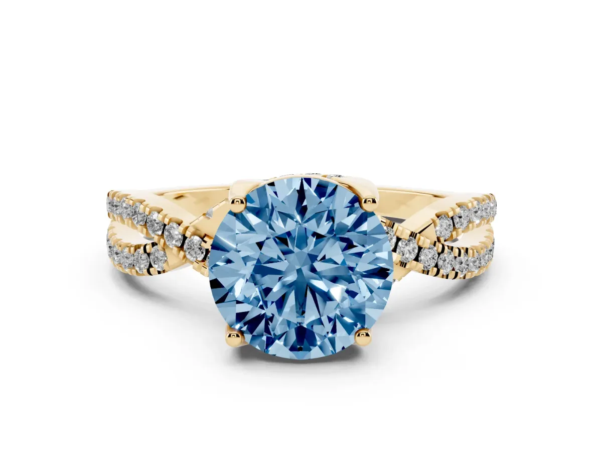 Fancy Blue Round Cut Solitaire Twist Pave Diamond Engagement Ring with Prong Setting Yellow gold