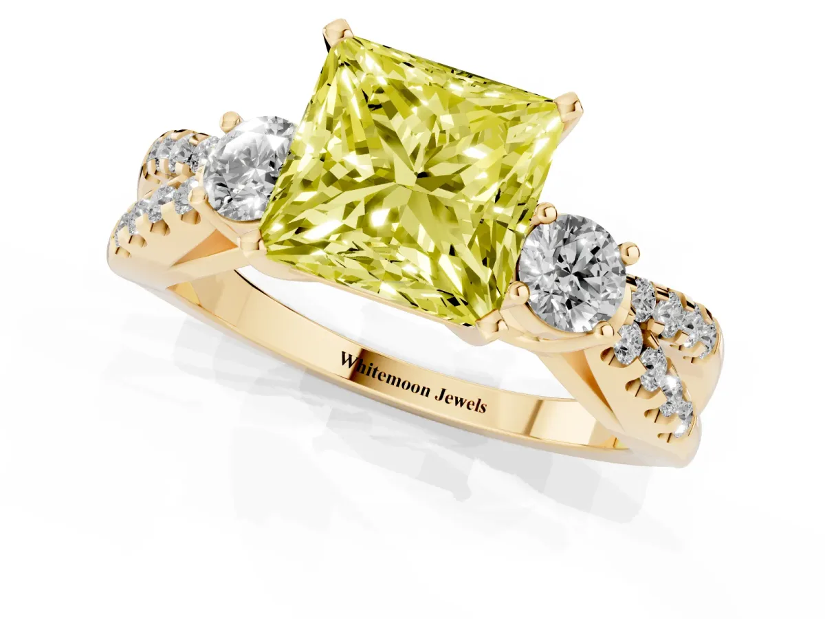 Fancy Yellow Princess Cut Diamond Three-Stone Ring with Pavé Split Shank and Four-Prong Setting Yellow gold