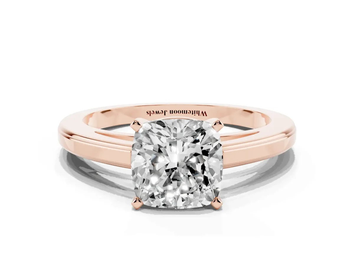 Cushion Cut Solitaire Diamond Ring with Four-Prong Setting and Classic Band Rose gold