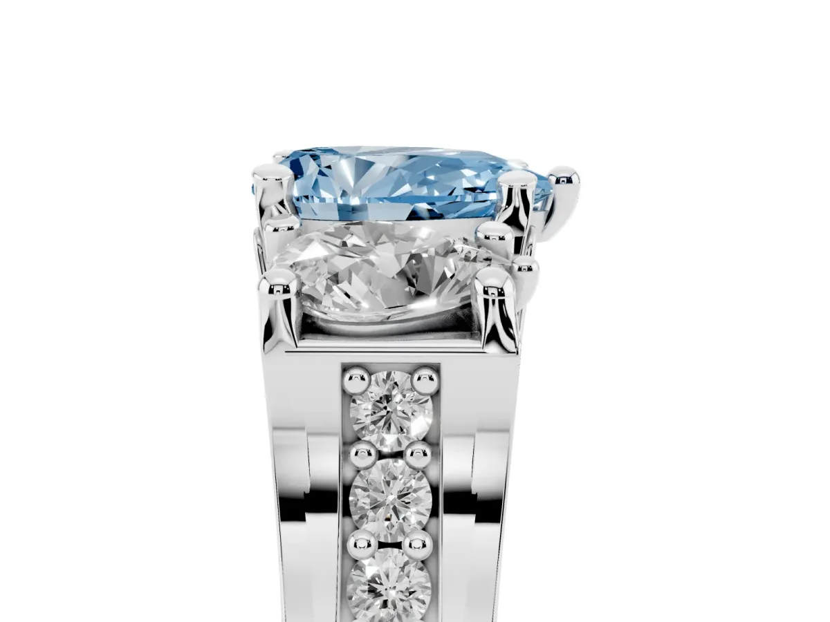 Fancy Blue Pear Cut Diamond Three-Stone Ring with Channel Set Band and Four-Prong Setting Silver