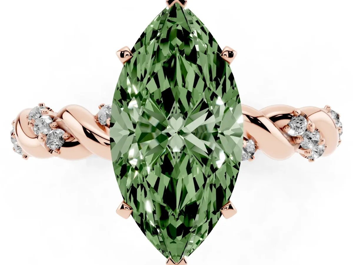 Fancy Green Marquise Cut Diamond Solitaire Ring with Twisted Band and Pavé Accents Rose gold
