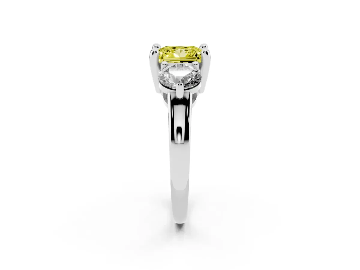 Fancy Yellow Three-Stone Princess Cut Brilliant Cut Solitaire Ring with Prong Setting on a Classic Band Silver