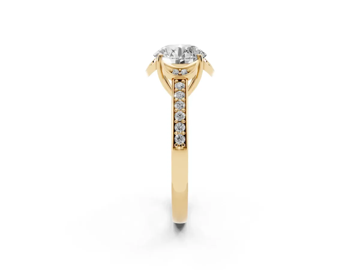 Round Cut Cut Halo Diamond Ring with Channel Set Band and Four-Prong Setting Yellow gold
