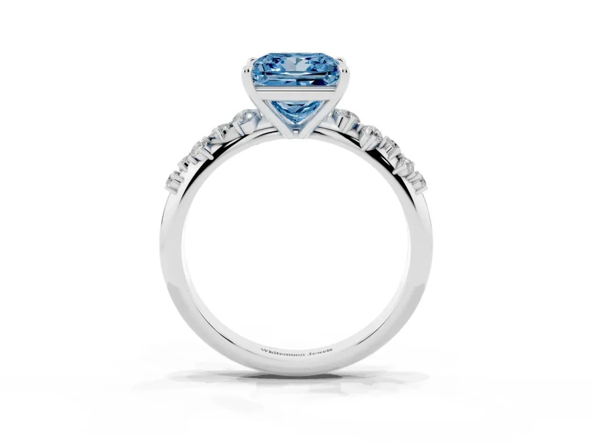 Fancy Blue Princess Cut Diamond Cluster Side Stone Solitaire Ring with Prong Setting Silver