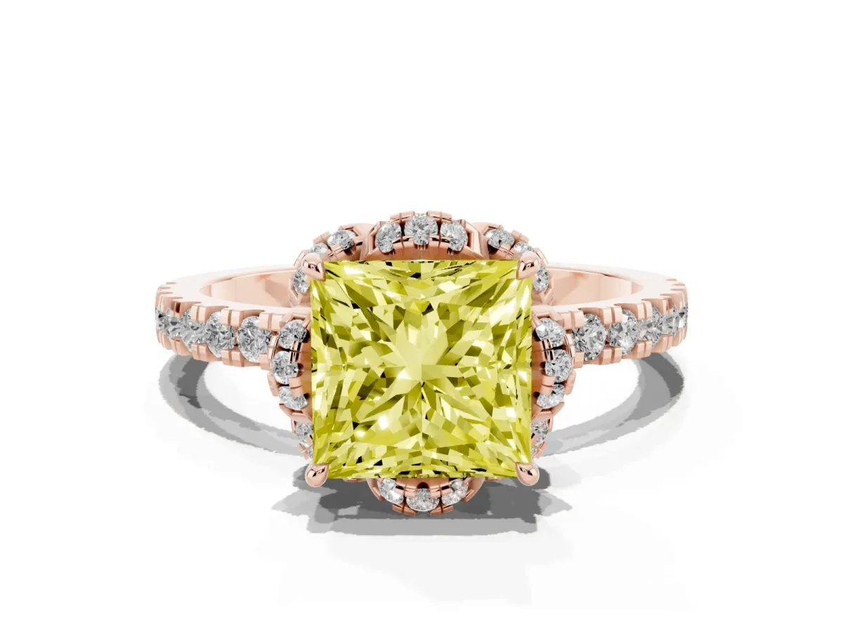 Fancy Yellow Princess Cut Diamond Halo Pave Band with Four-Prong Setting Rose gold