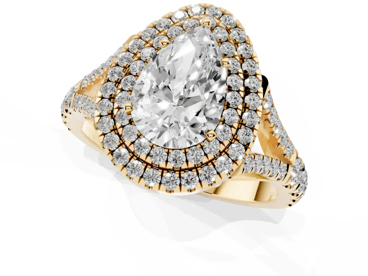 Pear Cut Diamond Pavé Split Shank Double Halo Engagement Ring Yellow gold
