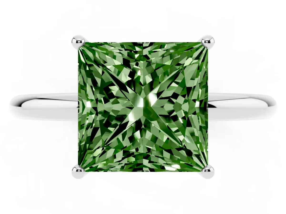 Fancy Green Princess Cut Solitaire Diamond Ring with a Classic Band and Four-Prong Setting Silver