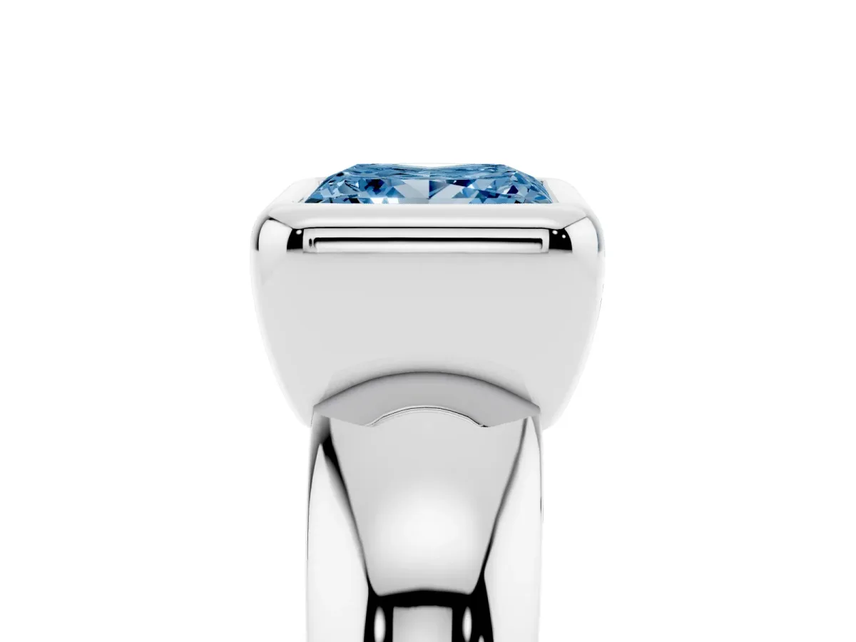 Fancy Blue Bezel Set Princess Cut Solitaire Ring with Wide Band Silver