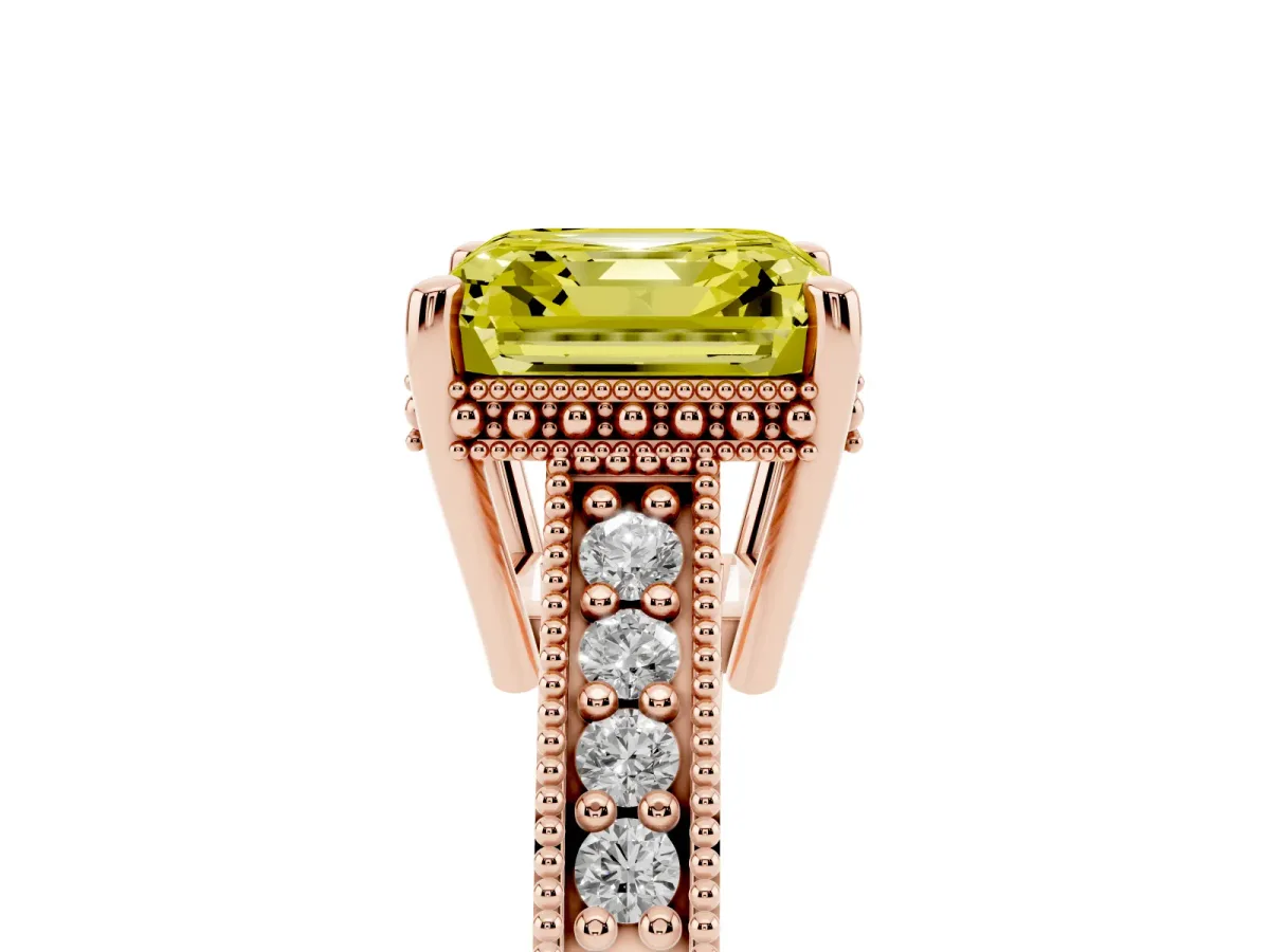 Fancy Yellow Asscher Cut Solitaire Pavé Diamond Milgrain Engagement Ring with Four-Prong Setting Rose gold
