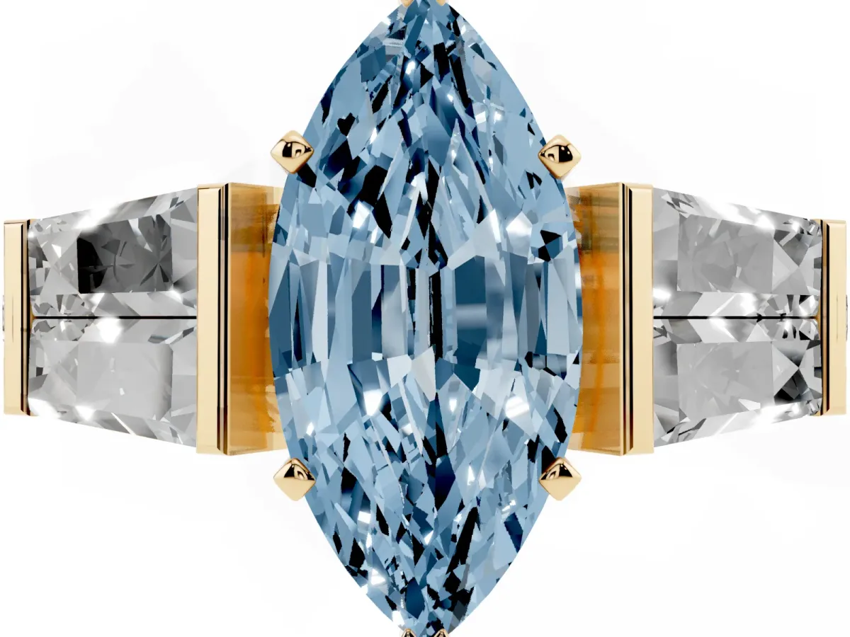 Fancy Blue Marquise Cut Diamond Engagement Ring with Baguette Side Stones and Channel Set Band Yellow gold